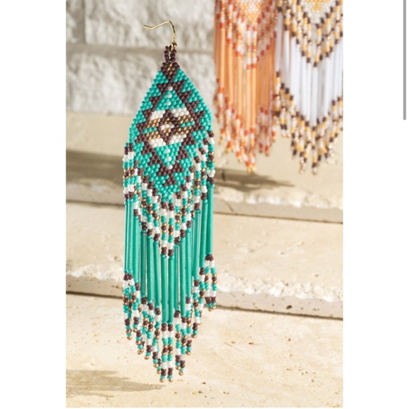 NEW Handmade 5” Western Turquoise Seed Fringe Dangle Earrings - Picture 3 of 4